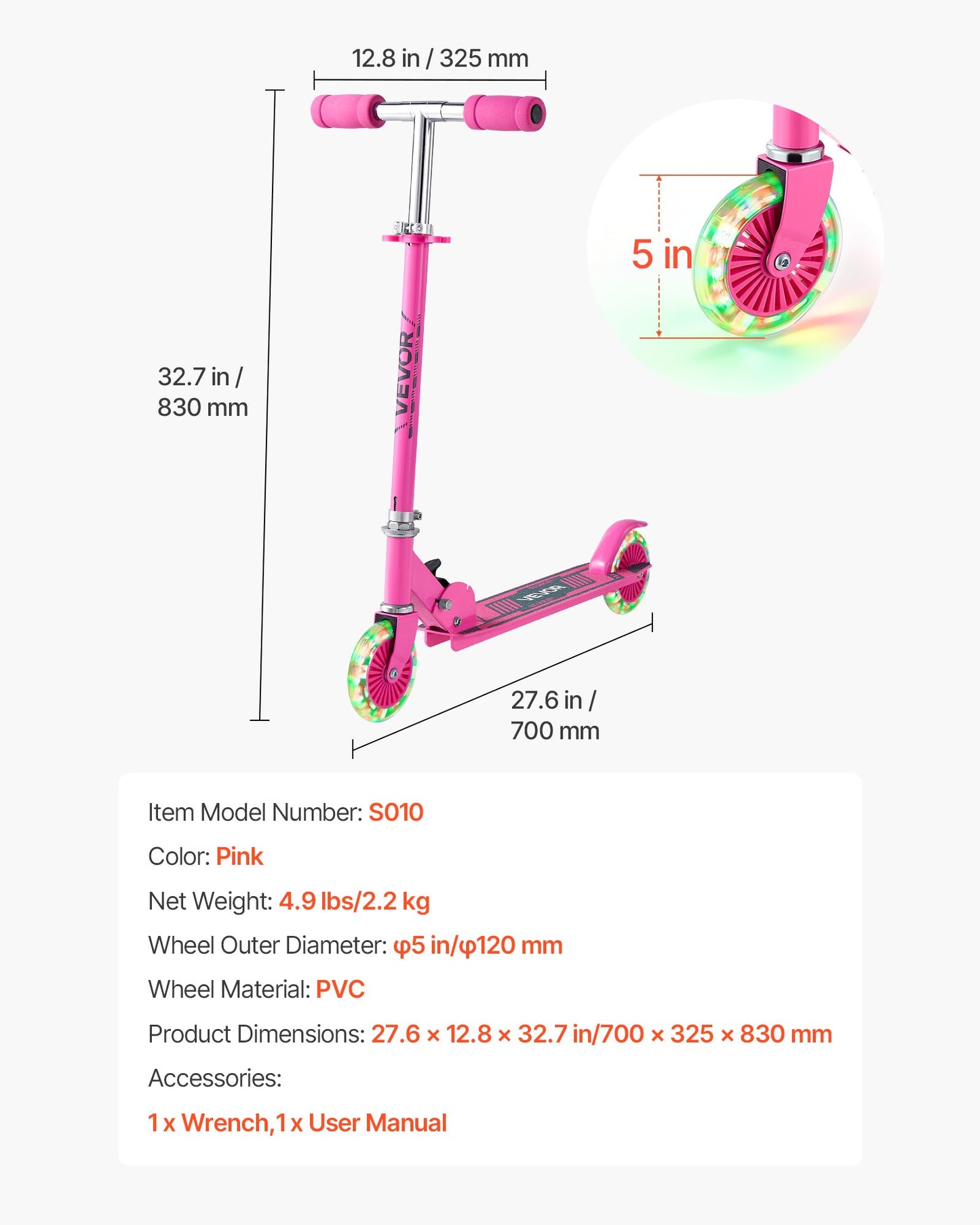 Kick Scooter for Kids Ages 3+, 2-Wheel Toddler Scooter with Light-Up Wheels, Adjustable Height Handlebar, Wide Anti-Slip Deck, Foldable Lightweight Frame for Boys & Girls up to 110 lbs, Pink