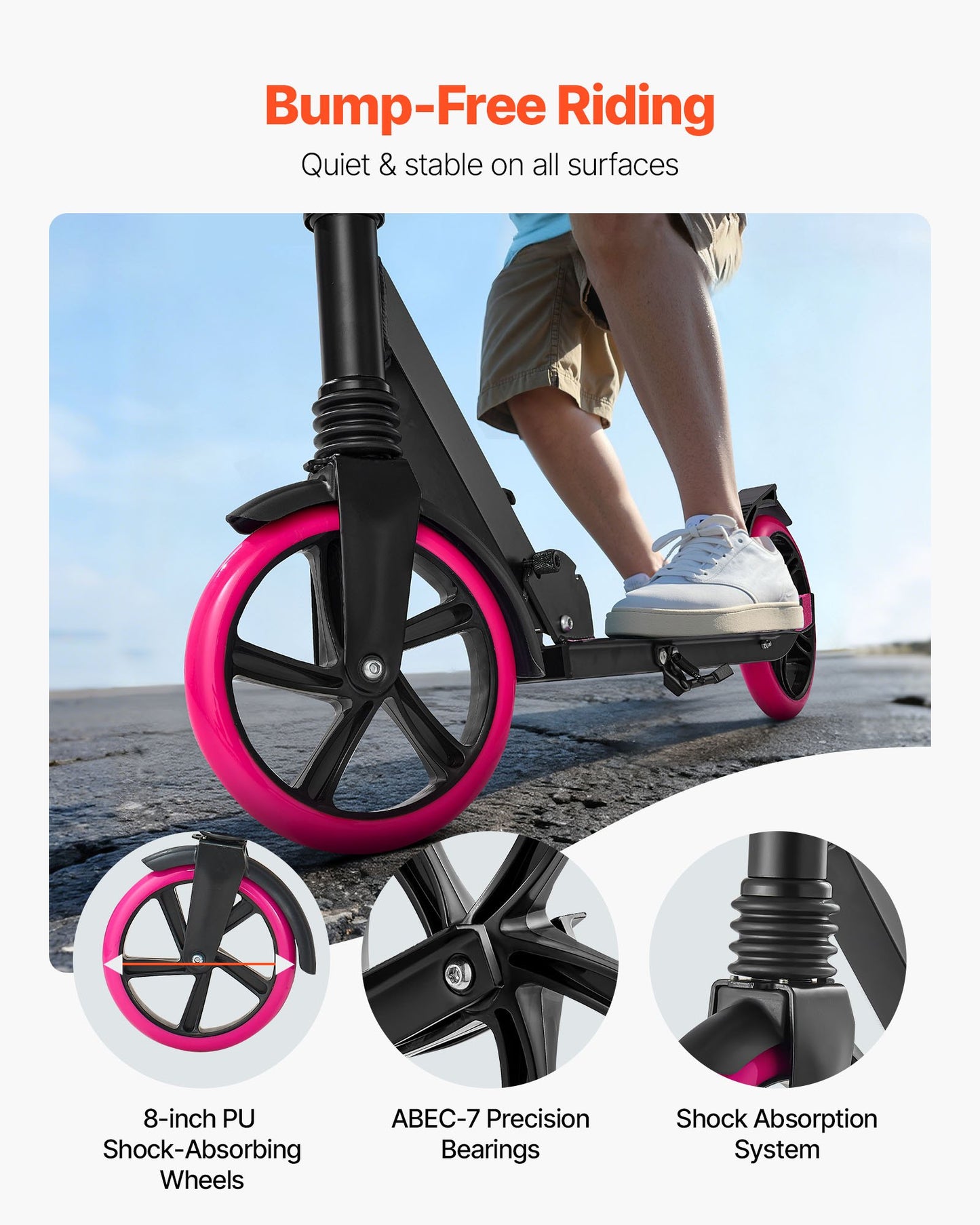 Kick Scooter for Kids Ages 8+, Teens & Adults, 2-Wheel Toddler Scooter with Adjustable Height Handlebar, Wide Anti-Slip Deck, Foldable Lightweight Frame for Boys & Girls up to 220 lbs, Pink