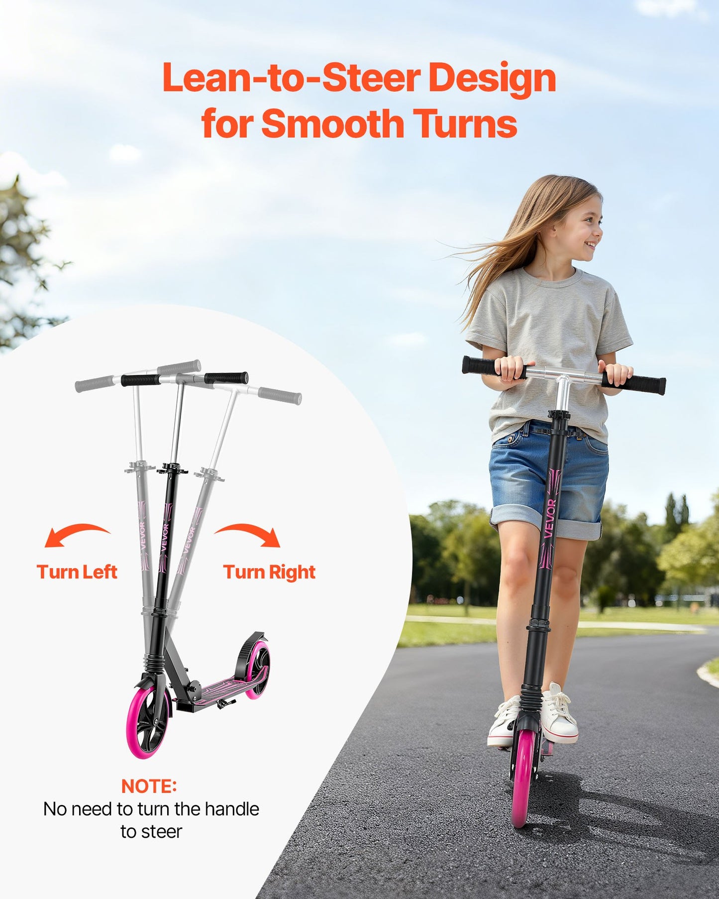 Kick Scooter for Kids Ages 8+, Teens & Adults, 2-Wheel Toddler Scooter with Adjustable Height Handlebar, Wide Anti-Slip Deck, Foldable Lightweight Frame for Boys & Girls up to 220 lbs, Pink