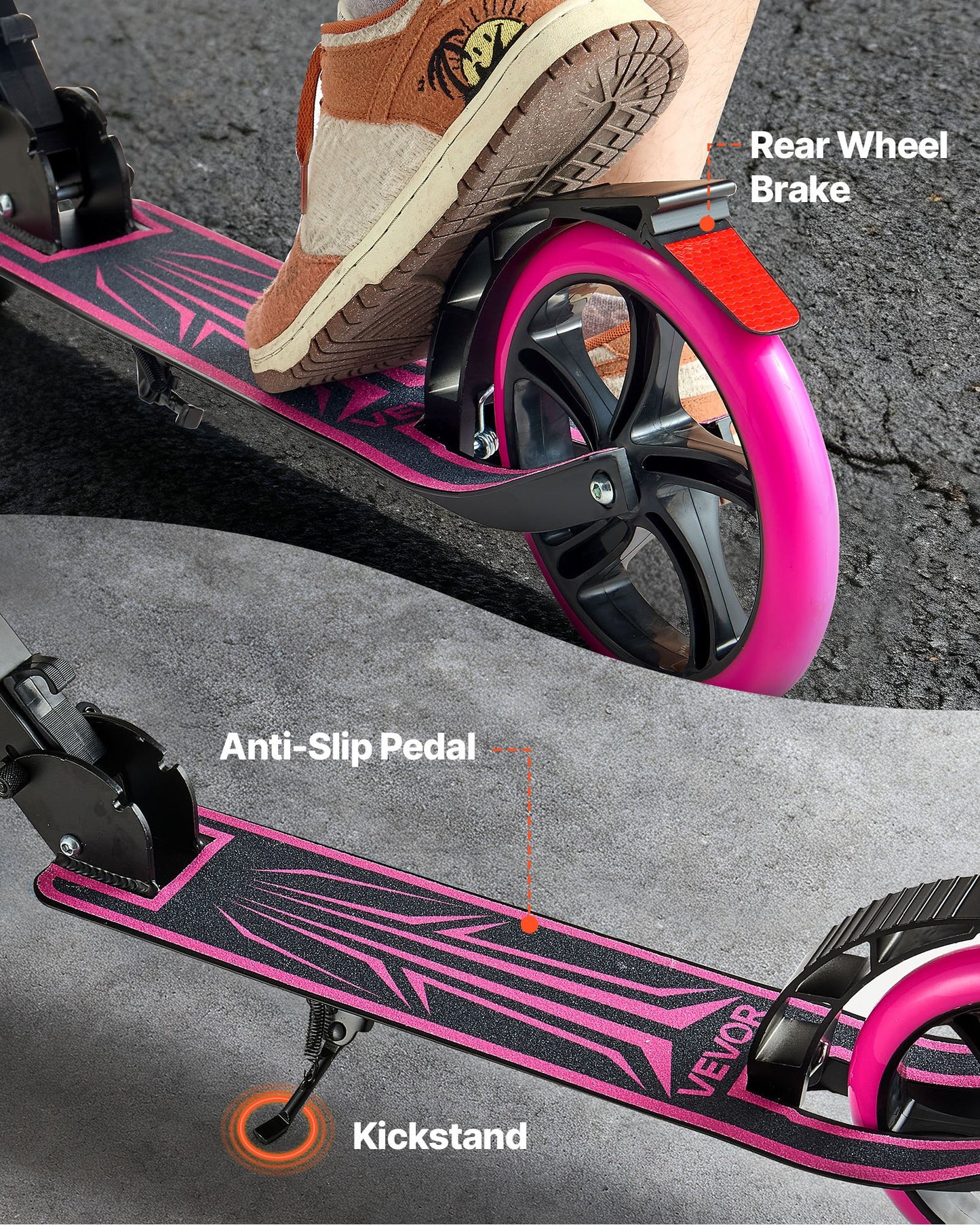 Kick Scooter for Kids Ages 8+, Teens & Adults, 2-Wheel Toddler Scooter with Adjustable Height Handlebar, Wide Anti-Slip Deck, Foldable Lightweight Frame for Boys & Girls up to 220 lbs, Pink