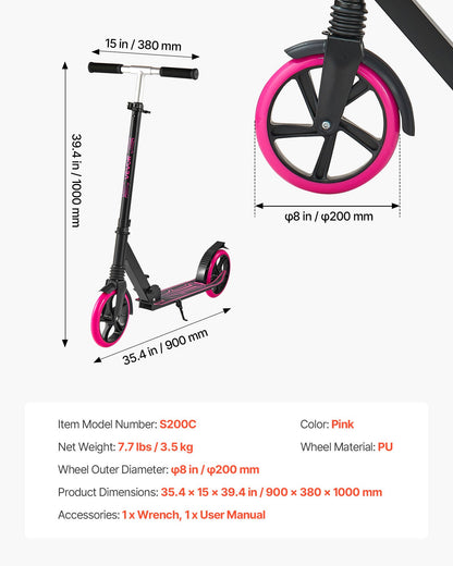 Kick Scooter for Kids Ages 8+, Teens & Adults, 2-Wheel Toddler Scooter with Adjustable Height Handlebar, Wide Anti-Slip Deck, Foldable Lightweight Frame for Boys & Girls up to 220 lbs, Pink
