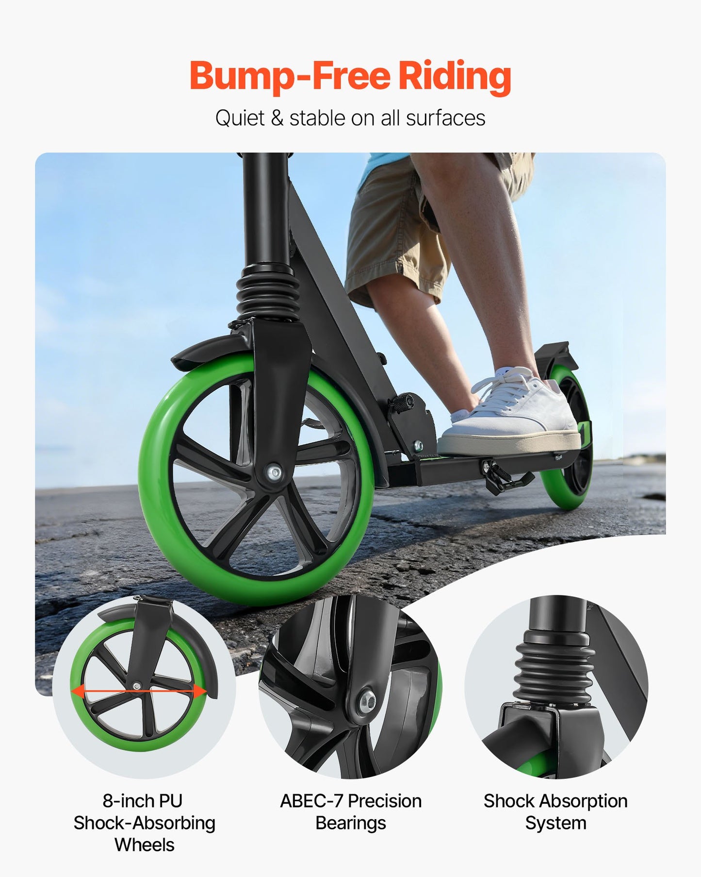 Kick Scooter for Kids Ages 8+, Teens & Adults, 2-Wheel Toddler Scooter with Adjustable Height Handlebar, Wide Anti-Slip Deck, Foldable Lightweight for Boys & Girls up to 220 lbs, Black + Green