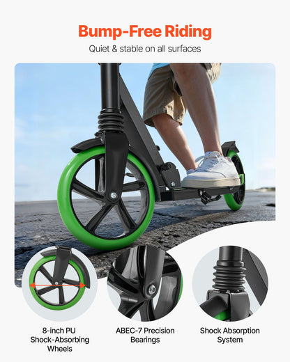 Kick Scooter for Kids Ages 8+, Teens & Adults, 2-Wheel Toddler Scooter with Adjustable Height Handlebar, Wide Anti-Slip Deck, Foldable Lightweight for Boys & Girls up to 220 lbs, Black + Green