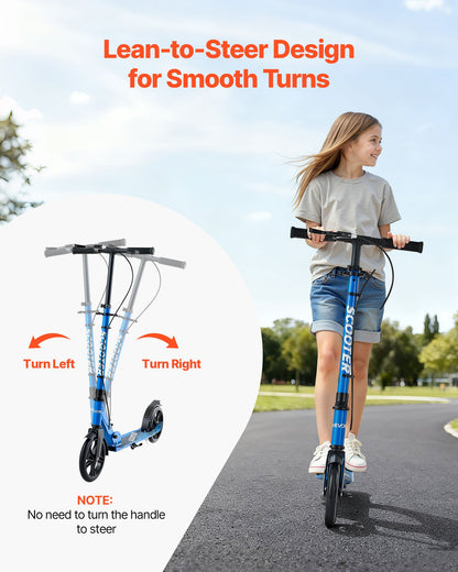 Kick Scooter for Kids Ages 8+, Teens & Adults, 2-Wheel Toddler Scooter with Height Adjustable Handlebar, Wide Anti-Slip Deck, Foldable Lightweight for Boys & Girls up to 220 lbs, Black + Blue