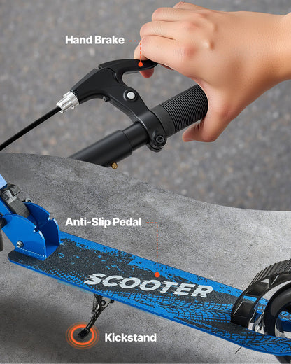 Kick Scooter for Kids Ages 8+, Teens & Adults, 2-Wheel Toddler Scooter with Height Adjustable Handlebar, Wide Anti-Slip Deck, Foldable Lightweight for Boys & Girls up to 220 lbs, Black + Blue
