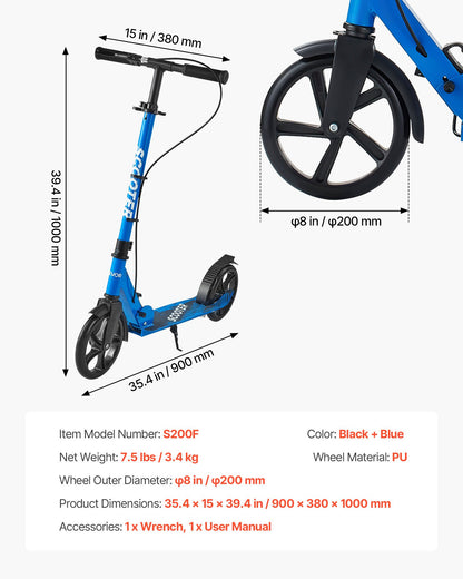 Kick Scooter for Kids Ages 8+, Teens & Adults, 2-Wheel Toddler Scooter with Height Adjustable Handlebar, Wide Anti-Slip Deck, Foldable Lightweight for Boys & Girls up to 220 lbs, Black + Blue