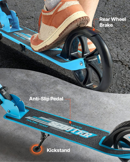 Kick Scooter for Kids Ages 8+, Teens & Adults, 2-Wheel Toddler Scooter with Adjustable Height Handlebar, Wide Anti-Slip Deck, Foldable Lightweight for Boys & Girls up to 220 lbs, Blue + Black