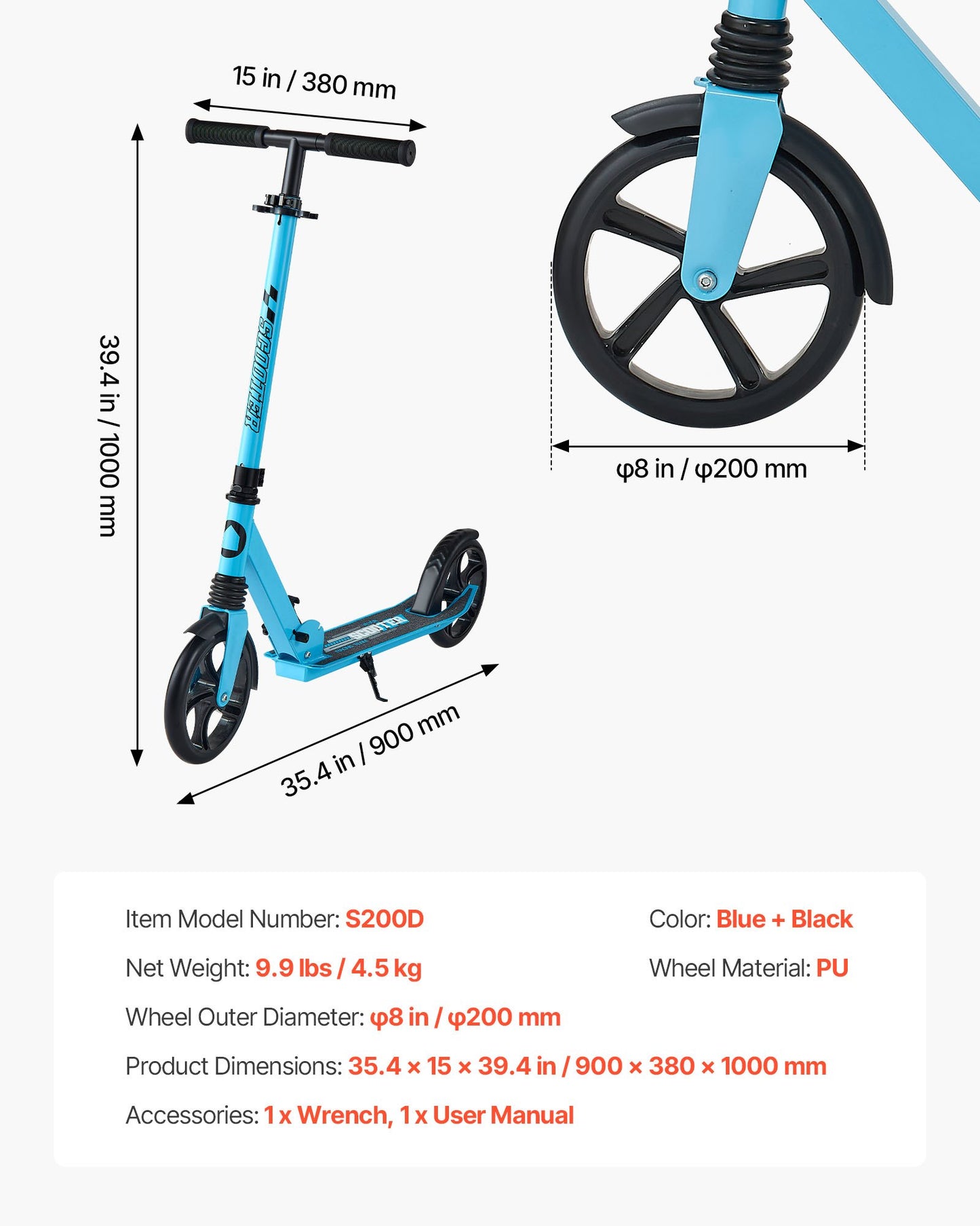 Kick Scooter for Kids Ages 8+, Teens & Adults, 2-Wheel Toddler Scooter with Adjustable Height Handlebar, Wide Anti-Slip Deck, Foldable Lightweight for Boys & Girls up to 220 lbs, Blue + Black