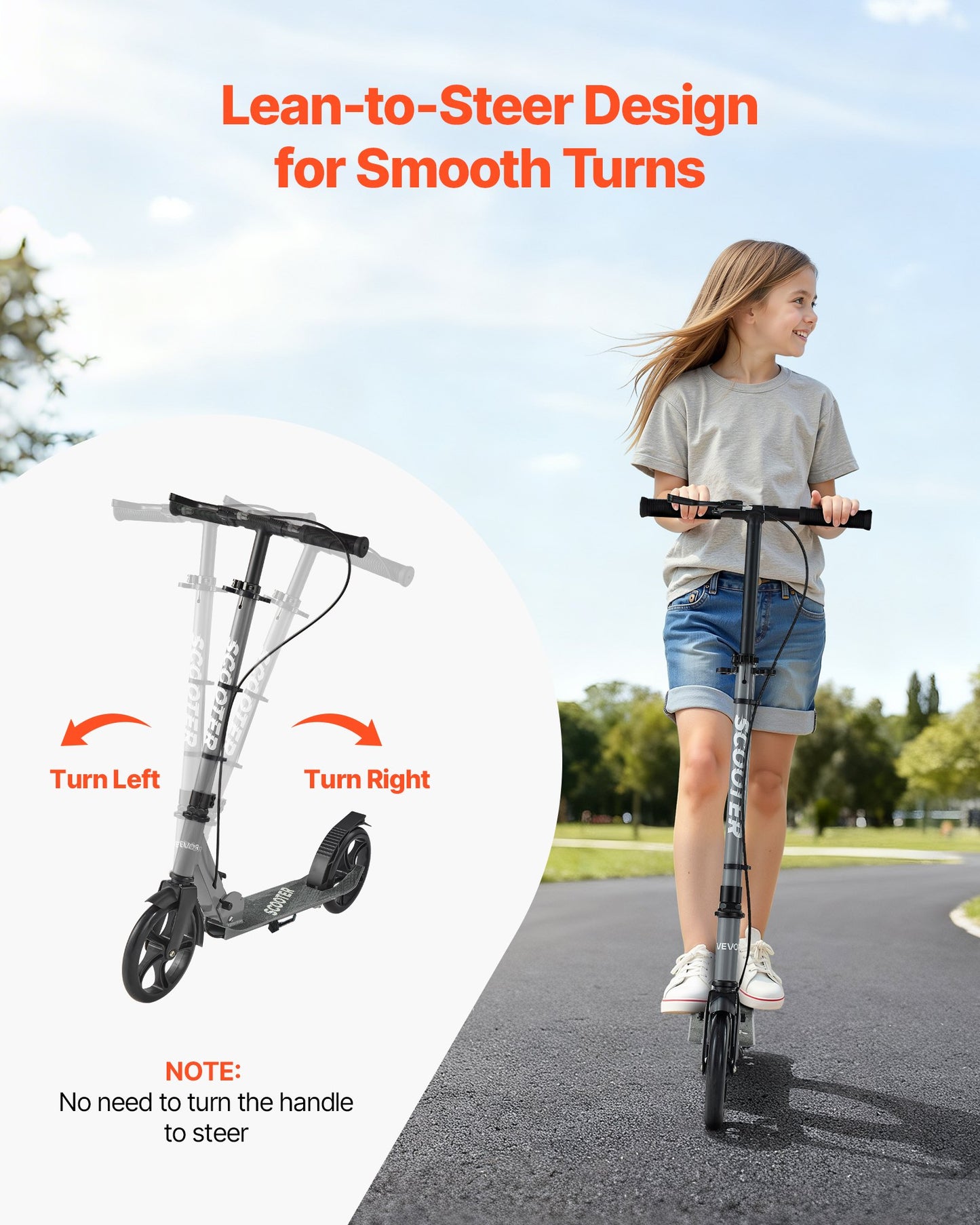 Kick Scooter for Kids Ages 8+, Teens & Adults, 2-Wheel Toddler Scooter with Adjustable Height Handlebar, Wide Anti-Slip Deck, Foldable Lightweight Frame for Boys & Girls up to 220 lbs, Gray