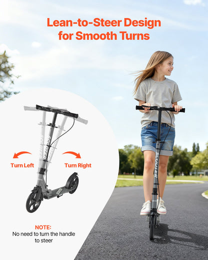 Kick Scooter for Kids Ages 8+, Teens & Adults, 2-Wheel Toddler Scooter with Adjustable Height Handlebar, Wide Anti-Slip Deck, Foldable Lightweight Frame for Boys & Girls up to 220 lbs, Gray