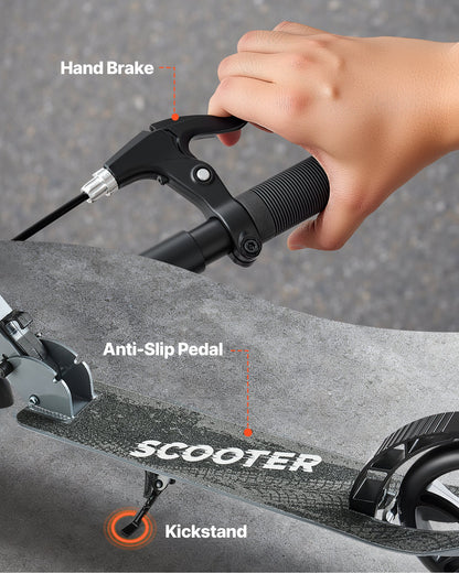 Kick Scooter for Kids Ages 8+, Teens & Adults, 2-Wheel Toddler Scooter with Adjustable Height Handlebar, Wide Anti-Slip Deck, Foldable Lightweight Frame for Boys & Girls up to 220 lbs, Gray