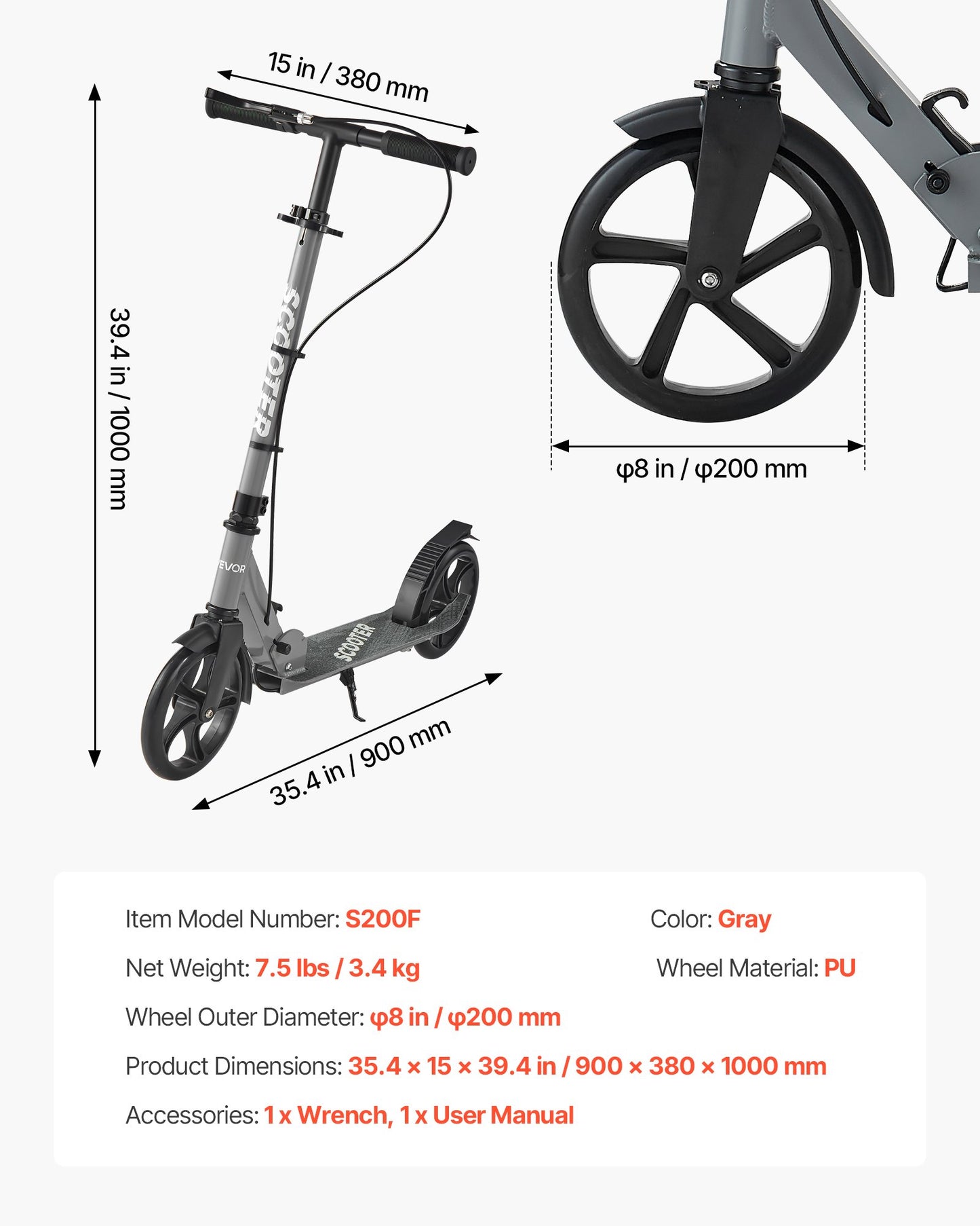 Kick Scooter for Kids Ages 8+, Teens & Adults, 2-Wheel Toddler Scooter with Adjustable Height Handlebar, Wide Anti-Slip Deck, Foldable Lightweight Frame for Boys & Girls up to 220 lbs, Gray