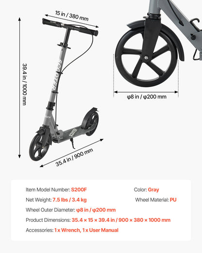 Kick Scooter for Kids Ages 8+, Teens & Adults, 2-Wheel Toddler Scooter with Adjustable Height Handlebar, Wide Anti-Slip Deck, Foldable Lightweight Frame for Boys & Girls up to 220 lbs, Gray
