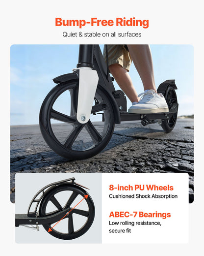 Kick Scooter for Kids Ages 8+, Teens & Adults, 2-Wheel Toddler Scooter with Adjustable Height Handlebar, Wide Anti-Slip Deck, Foldable Lightweight for Boys & Girls up to 220 lbs, Black + Silver
