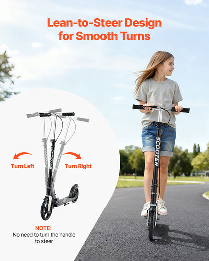 Kick Scooter for Kids Ages 8+, Teens & Adults, 2-Wheel Toddler Scooter with Adjustable Height Handlebar, Wide Anti-Slip Deck, Foldable Lightweight for Boys & Girls up to 220 lbs, Black + Silver