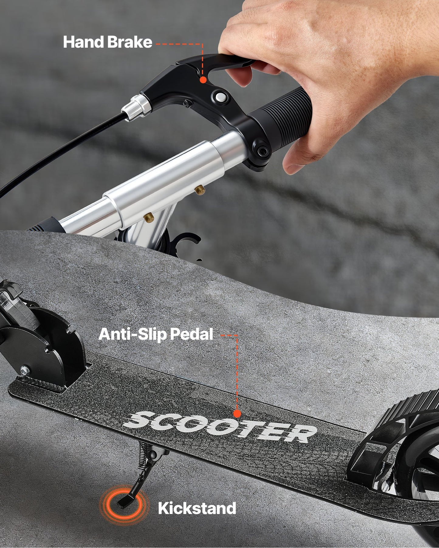 Kick Scooter for Kids Ages 8+, Teens & Adults, 2-Wheel Toddler Scooter with Adjustable Height Handlebar, Wide Anti-Slip Deck, Foldable Lightweight for Boys & Girls up to 220 lbs, Black + Silver