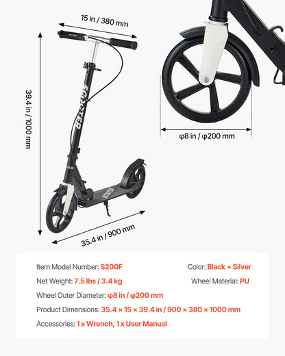 Kick Scooter for Kids Ages 8+, Teens & Adults, 2-Wheel Toddler Scooter with Adjustable Height Handlebar, Wide Anti-Slip Deck, Foldable Lightweight for Boys & Girls up to 220 lbs, Black + Silver