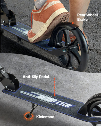 Kick Scooter for Kids Ages 8+, Teens & Adults, 2-Wheel Toddler Scooter with Adjustable Height Handlebar, Wide Anti-Slip Deck, Foldable Lightweight for Boys & Girls up to 220 lbs, Black + Purple