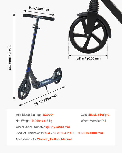 Kick Scooter for Kids Ages 8+, Teens & Adults, 2-Wheel Toddler Scooter with Adjustable Height Handlebar, Wide Anti-Slip Deck, Foldable Lightweight for Boys & Girls up to 220 lbs, Black + Purple