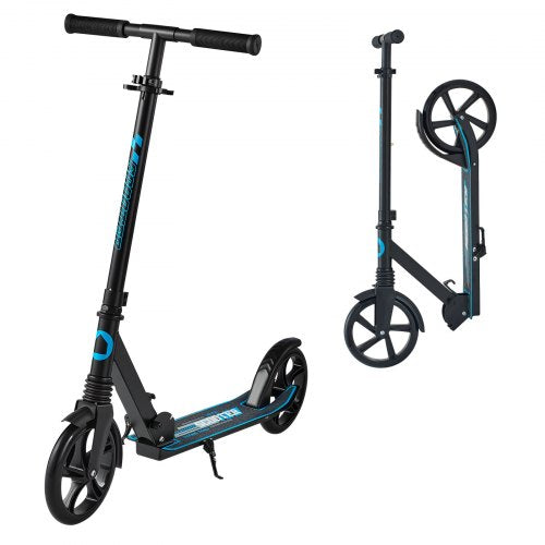 Kick Scooter for Kids Ages 8+, Teens & Adults, 2-Wheel Toddler Scooter with Adjustable Height Handlebar, Wide Anti-Slip Deck, Foldable Lightweight for Boys & Girls up to 220 lbs, Black + Blue