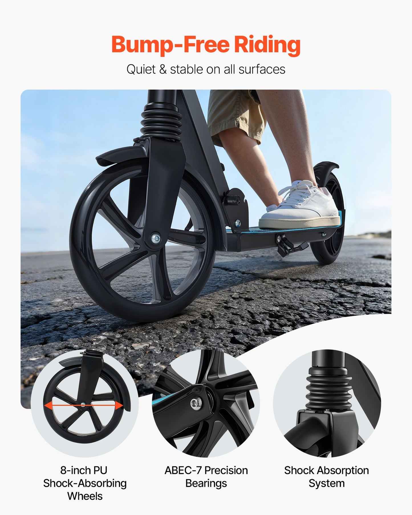 Kick Scooter for Kids Ages 8+, Teens & Adults, 2-Wheel Toddler Scooter with Adjustable Height Handlebar, Wide Anti-Slip Deck, Foldable Lightweight for Boys & Girls up to 220 lbs, Black + Blue