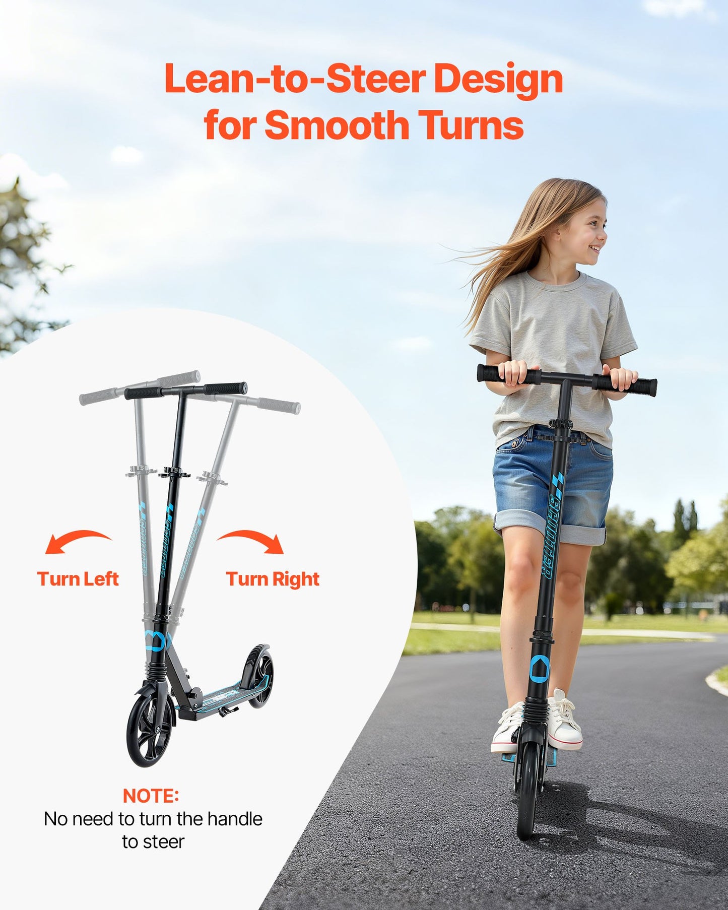 Kick Scooter for Kids Ages 8+, Teens & Adults, 2-Wheel Toddler Scooter with Adjustable Height Handlebar, Wide Anti-Slip Deck, Foldable Lightweight for Boys & Girls up to 220 lbs, Black + Blue