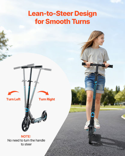 Kick Scooter for Kids Ages 8+, Teens & Adults, 2-Wheel Toddler Scooter with Adjustable Height Handlebar, Wide Anti-Slip Deck, Foldable Lightweight for Boys & Girls up to 220 lbs, Black + Blue