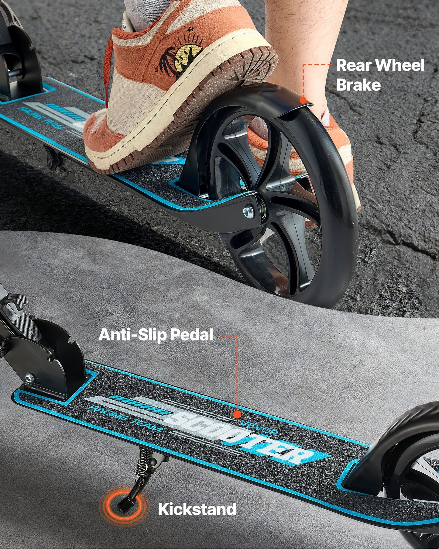 Kick Scooter for Kids Ages 8+, Teens & Adults, 2-Wheel Toddler Scooter with Adjustable Height Handlebar, Wide Anti-Slip Deck, Foldable Lightweight for Boys & Girls up to 220 lbs, Black + Blue