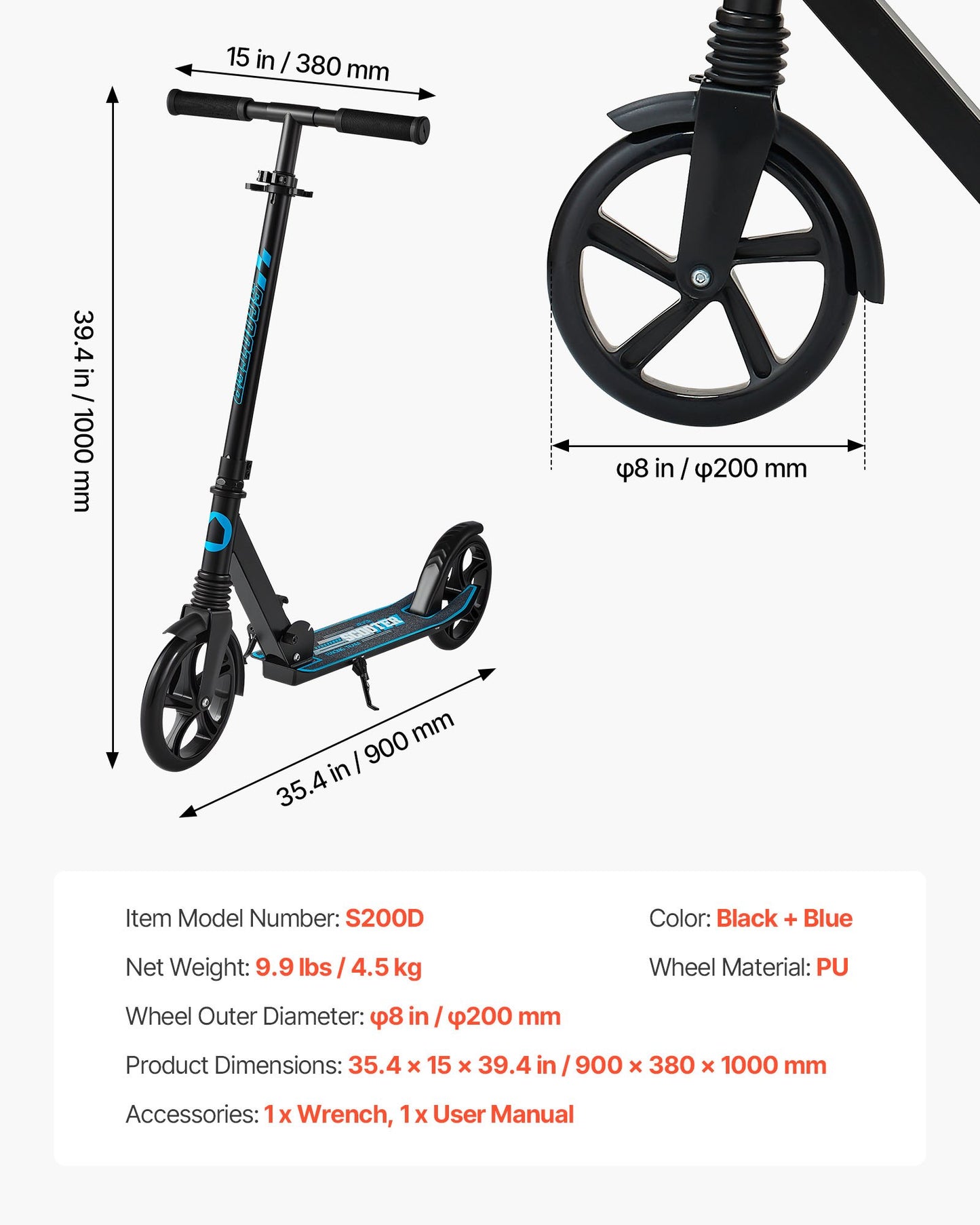 Kick Scooter for Kids Ages 8+, Teens & Adults, 2-Wheel Toddler Scooter with Adjustable Height Handlebar, Wide Anti-Slip Deck, Foldable Lightweight for Boys & Girls up to 220 lbs, Black + Blue