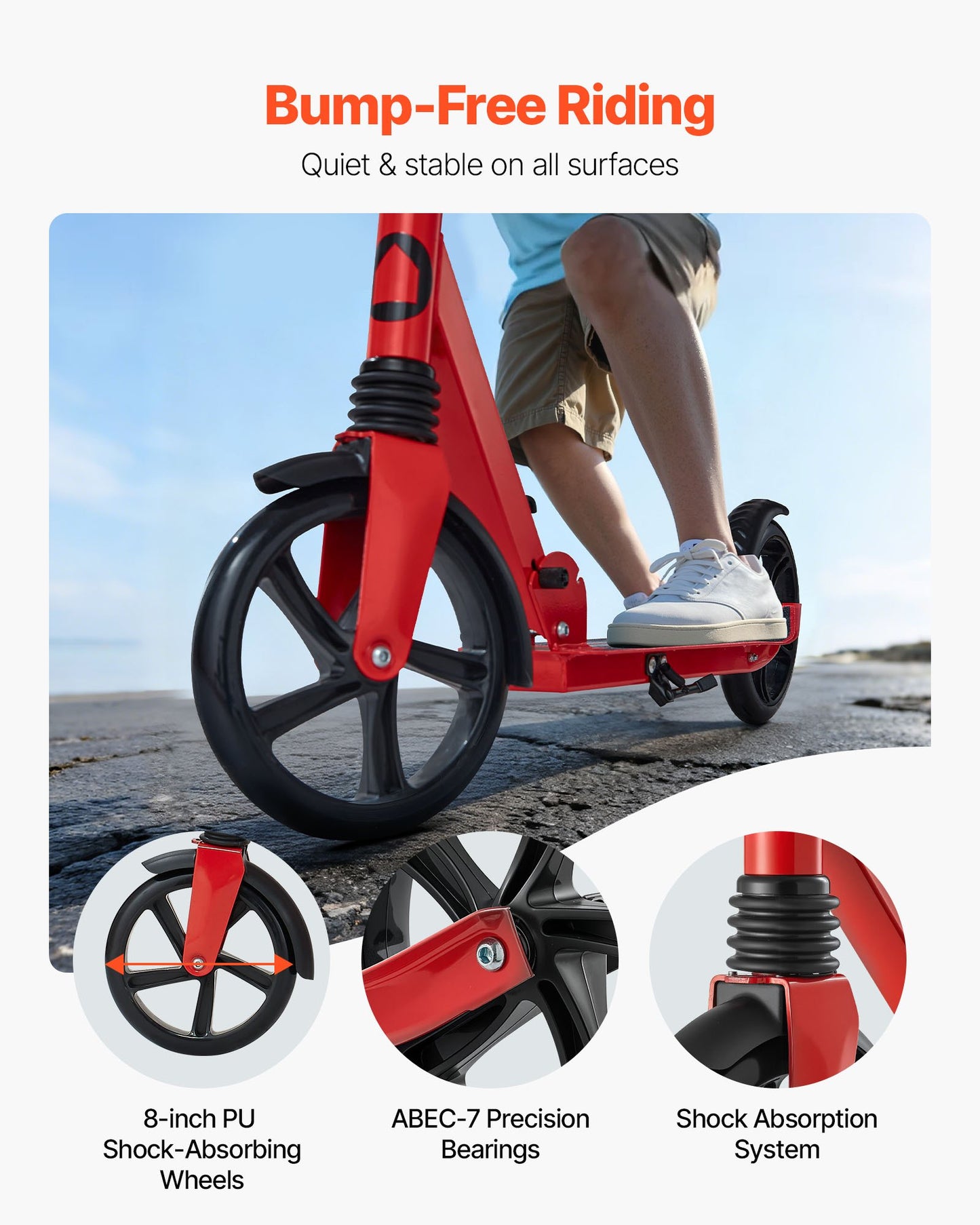 Kick Scooter for Kids Ages 8+, Teens & Adults, 2-Wheel Toddler Scooter with Adjustable Height Handlebar, Wide Anti-Slip Deck, Foldable Lightweight for Boys & Girls up to 220 lbs, Red + Black