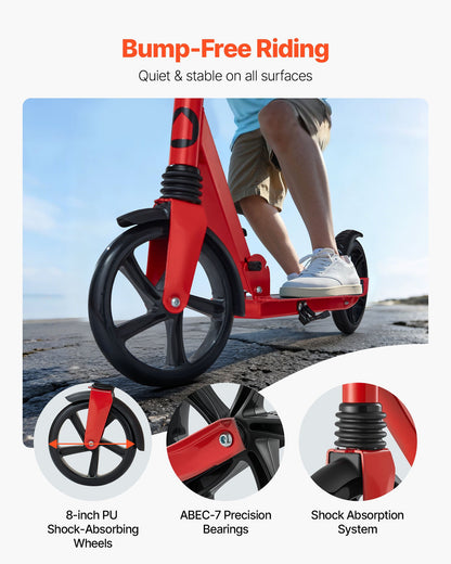Kick Scooter for Kids Ages 8+, Teens & Adults, 2-Wheel Toddler Scooter with Adjustable Height Handlebar, Wide Anti-Slip Deck, Foldable Lightweight for Boys & Girls up to 220 lbs, Red + Black
