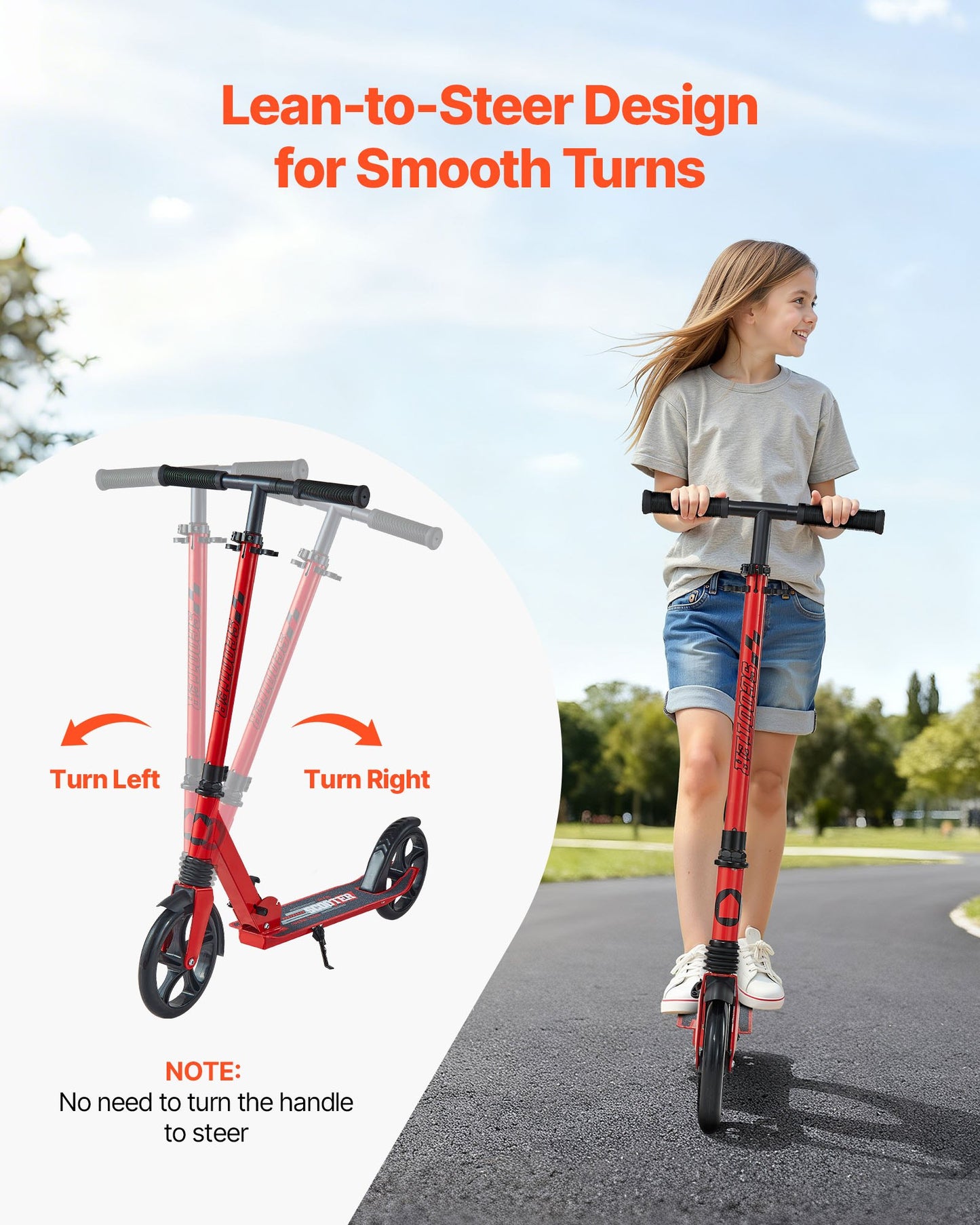 Kick Scooter for Kids Ages 8+, Teens & Adults, 2-Wheel Toddler Scooter with Adjustable Height Handlebar, Wide Anti-Slip Deck, Foldable Lightweight for Boys & Girls up to 220 lbs, Red + Black