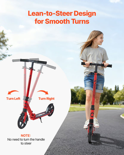 Kick Scooter for Kids Ages 8+, Teens & Adults, 2-Wheel Toddler Scooter with Adjustable Height Handlebar, Wide Anti-Slip Deck, Foldable Lightweight for Boys & Girls up to 220 lbs, Red + Black