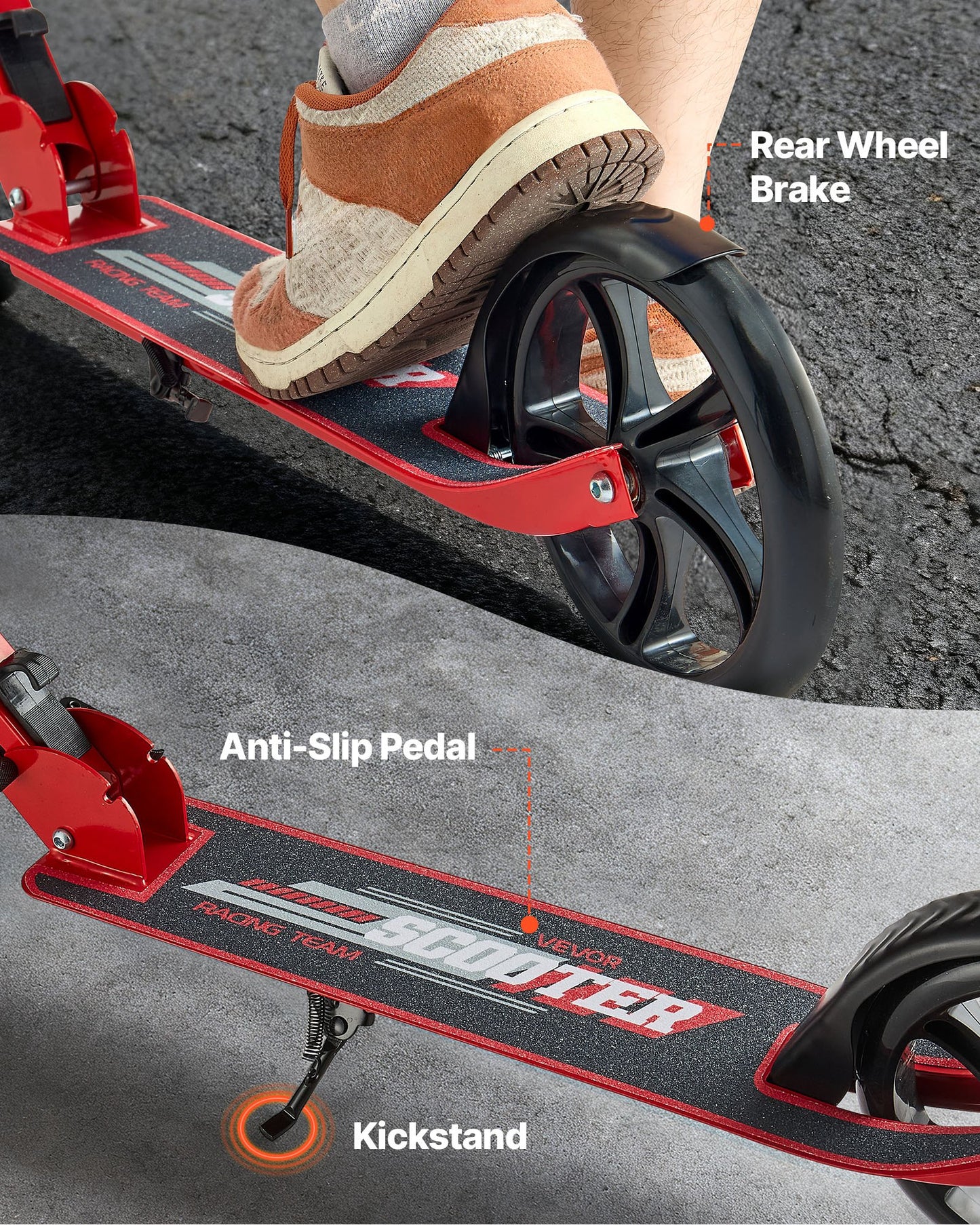Kick Scooter for Kids Ages 8+, Teens & Adults, 2-Wheel Toddler Scooter with Adjustable Height Handlebar, Wide Anti-Slip Deck, Foldable Lightweight for Boys & Girls up to 220 lbs, Red + Black