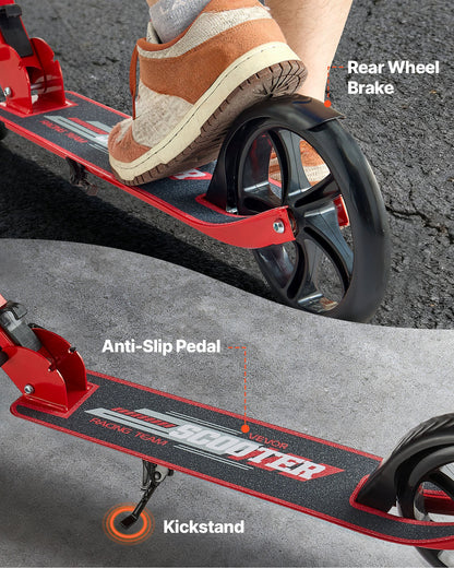 Kick Scooter for Kids Ages 8+, Teens & Adults, 2-Wheel Toddler Scooter with Adjustable Height Handlebar, Wide Anti-Slip Deck, Foldable Lightweight for Boys & Girls up to 220 lbs, Red + Black