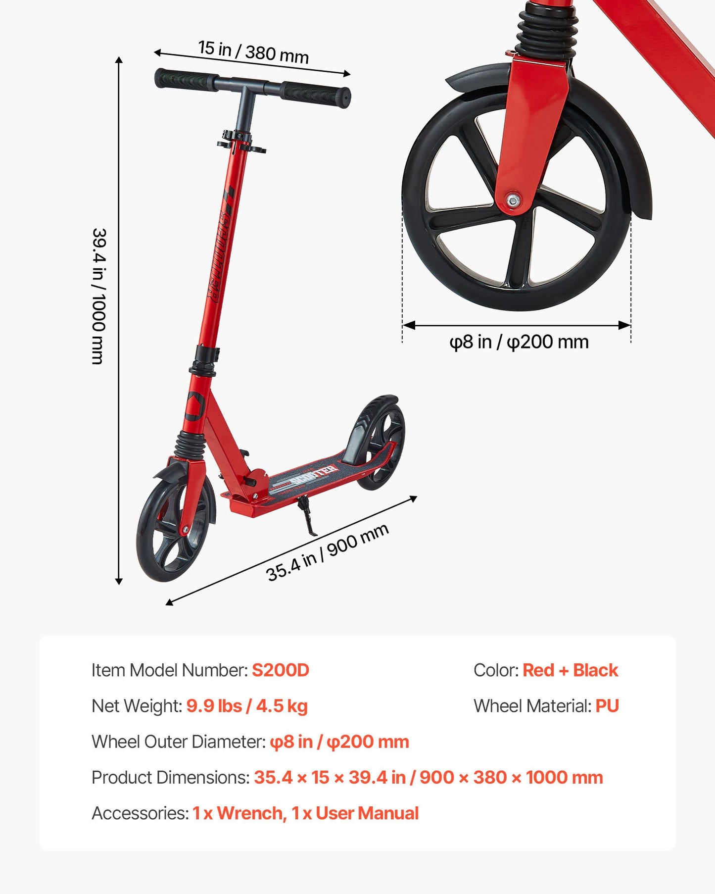 Kick Scooter for Kids Ages 8+, Teens & Adults, 2-Wheel Toddler Scooter with Adjustable Height Handlebar, Wide Anti-Slip Deck, Foldable Lightweight for Boys & Girls up to 220 lbs, Red + Black