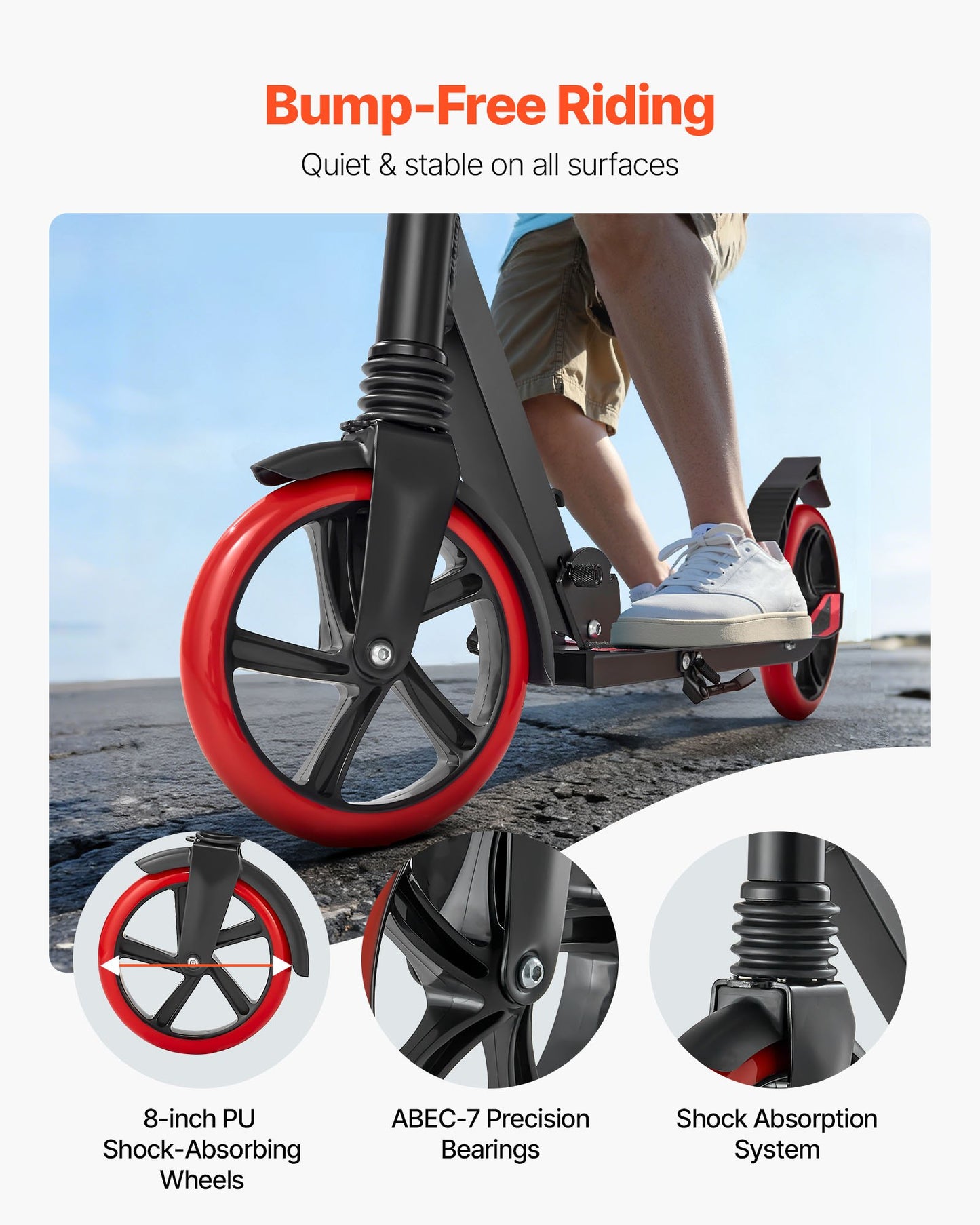 Kick Scooter for Kids Ages 8+, Teens & Adults, 2-Wheel Toddler Scooter with Adjustable Height Handlebar, Wide Anti-Slip Deck, Foldable Lightweight for Boys & Girls up to 220 lbs, Black + Red