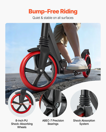 Kick Scooter for Kids Ages 8+, Teens & Adults, 2-Wheel Toddler Scooter with Adjustable Height Handlebar, Wide Anti-Slip Deck, Foldable Lightweight for Boys & Girls up to 220 lbs, Black + Red
