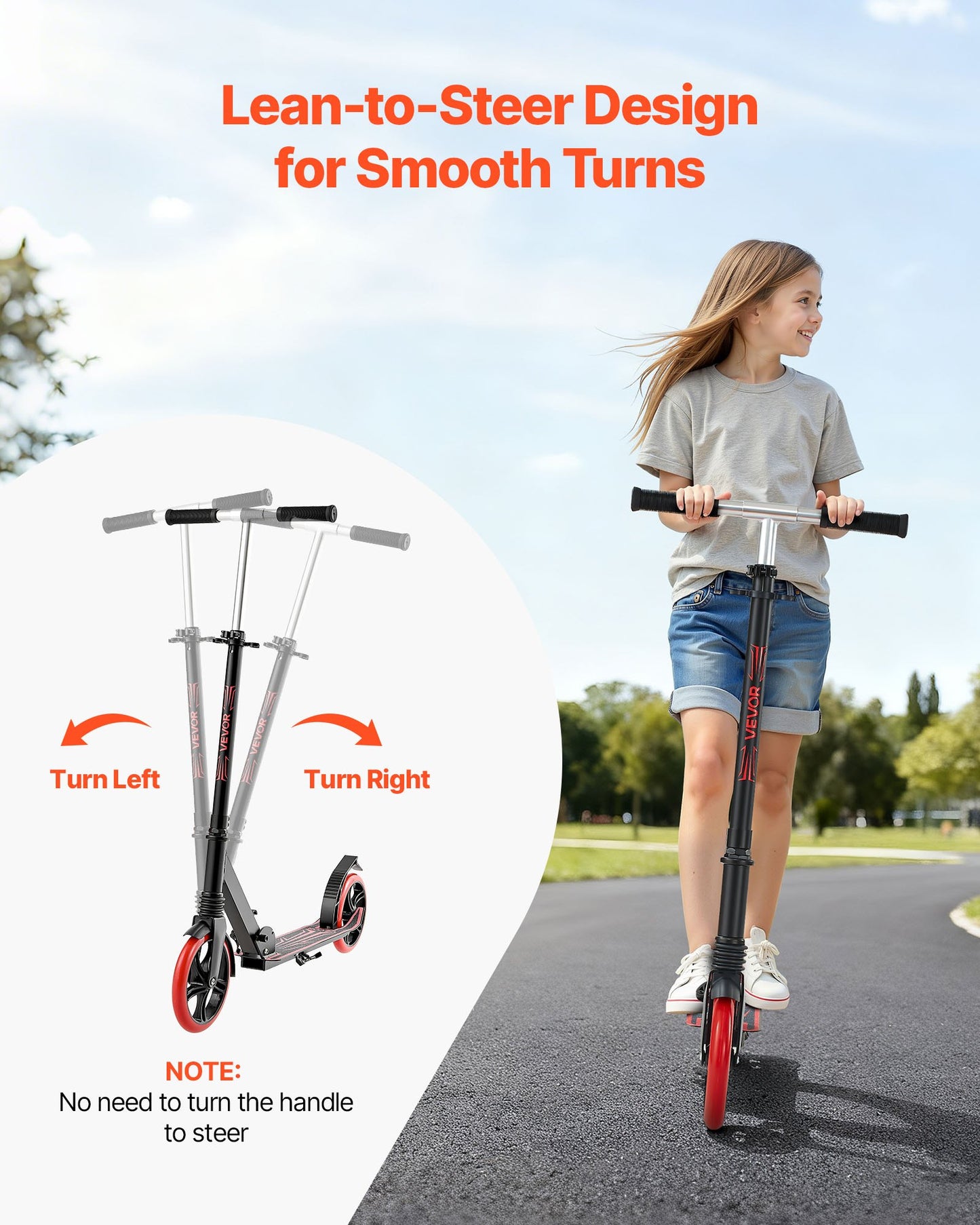 Kick Scooter for Kids Ages 8+, Teens & Adults, 2-Wheel Toddler Scooter with Adjustable Height Handlebar, Wide Anti-Slip Deck, Foldable Lightweight for Boys & Girls up to 220 lbs, Black + Red