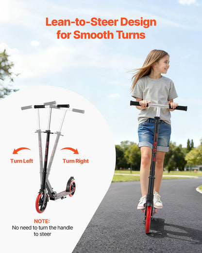 Kick Scooter for Kids Ages 8+, Teens & Adults, 2-Wheel Toddler Scooter with Adjustable Height Handlebar, Wide Anti-Slip Deck, Foldable Lightweight for Boys & Girls up to 220 lbs, Black + Red