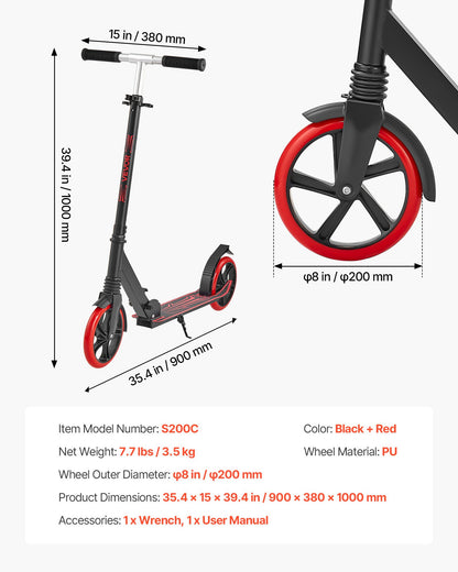 Kick Scooter for Kids Ages 8+, Teens & Adults, 2-Wheel Toddler Scooter with Adjustable Height Handlebar, Wide Anti-Slip Deck, Foldable Lightweight for Boys & Girls up to 220 lbs, Black + Red