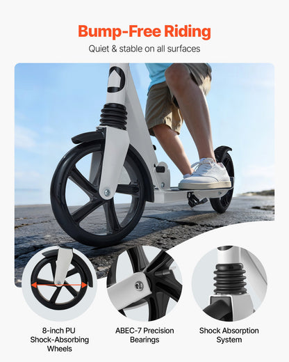 Kick Scooter for Kids Ages 8+, Teens & Adults, 2-Wheel Toddler Scooter with Adjustable Height Handlebar, Wide Anti-Slip Deck, Foldable Lightweight for Boys & Girls up to 220 lbs, White + Black