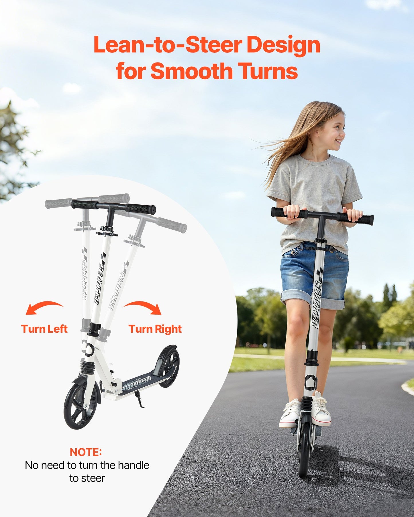 Kick Scooter for Kids Ages 8+, Teens & Adults, 2-Wheel Toddler Scooter with Adjustable Height Handlebar, Wide Anti-Slip Deck, Foldable Lightweight for Boys & Girls up to 220 lbs, White + Black
