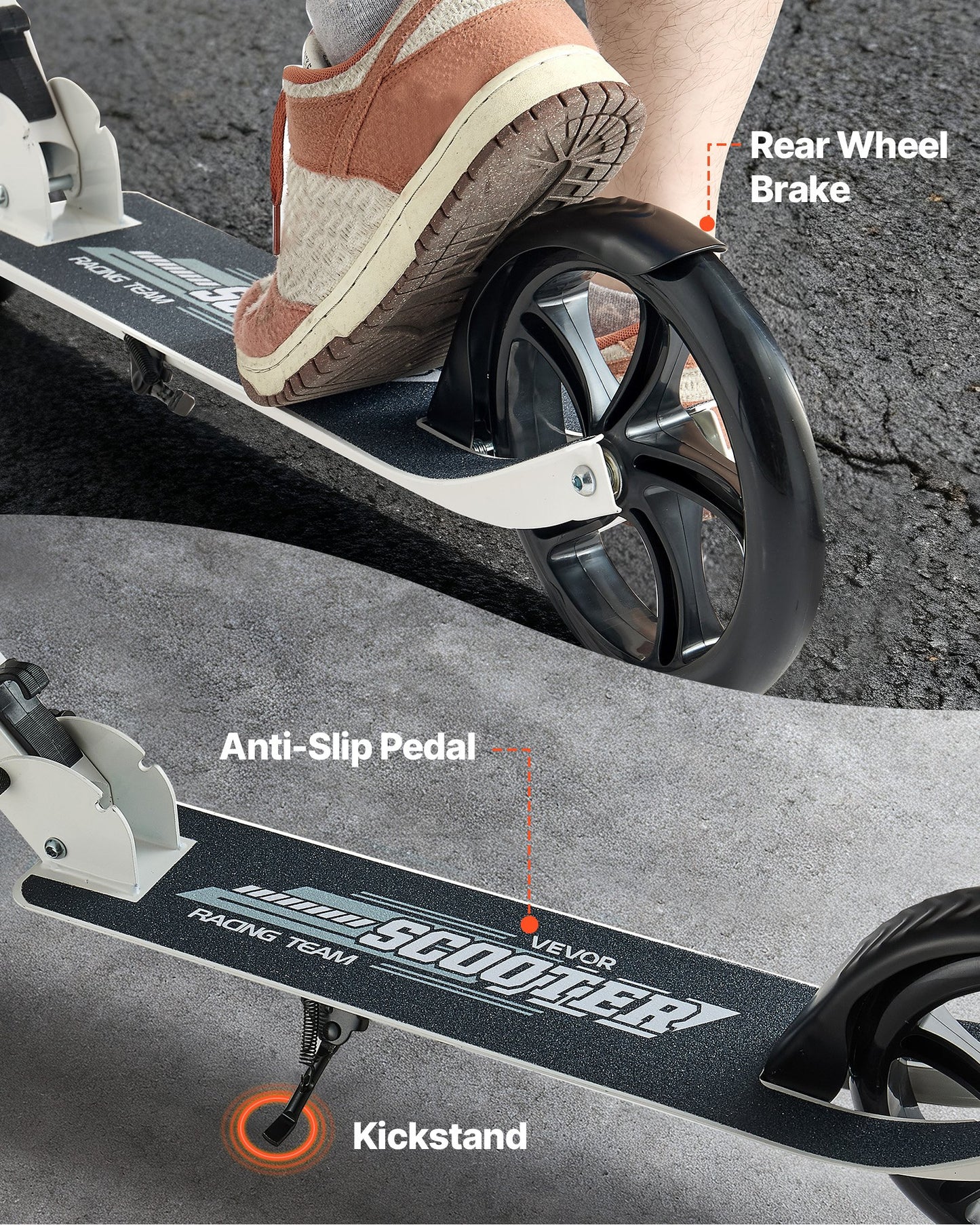 Kick Scooter for Kids Ages 8+, Teens & Adults, 2-Wheel Toddler Scooter with Adjustable Height Handlebar, Wide Anti-Slip Deck, Foldable Lightweight for Boys & Girls up to 220 lbs, White + Black