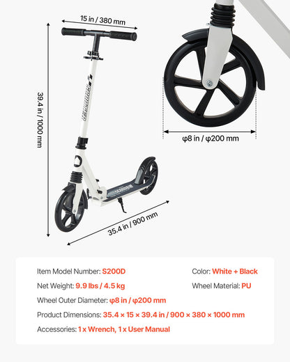 Kick Scooter for Kids Ages 8+, Teens & Adults, 2-Wheel Toddler Scooter with Adjustable Height Handlebar, Wide Anti-Slip Deck, Foldable Lightweight for Boys & Girls up to 220 lbs, White + Black