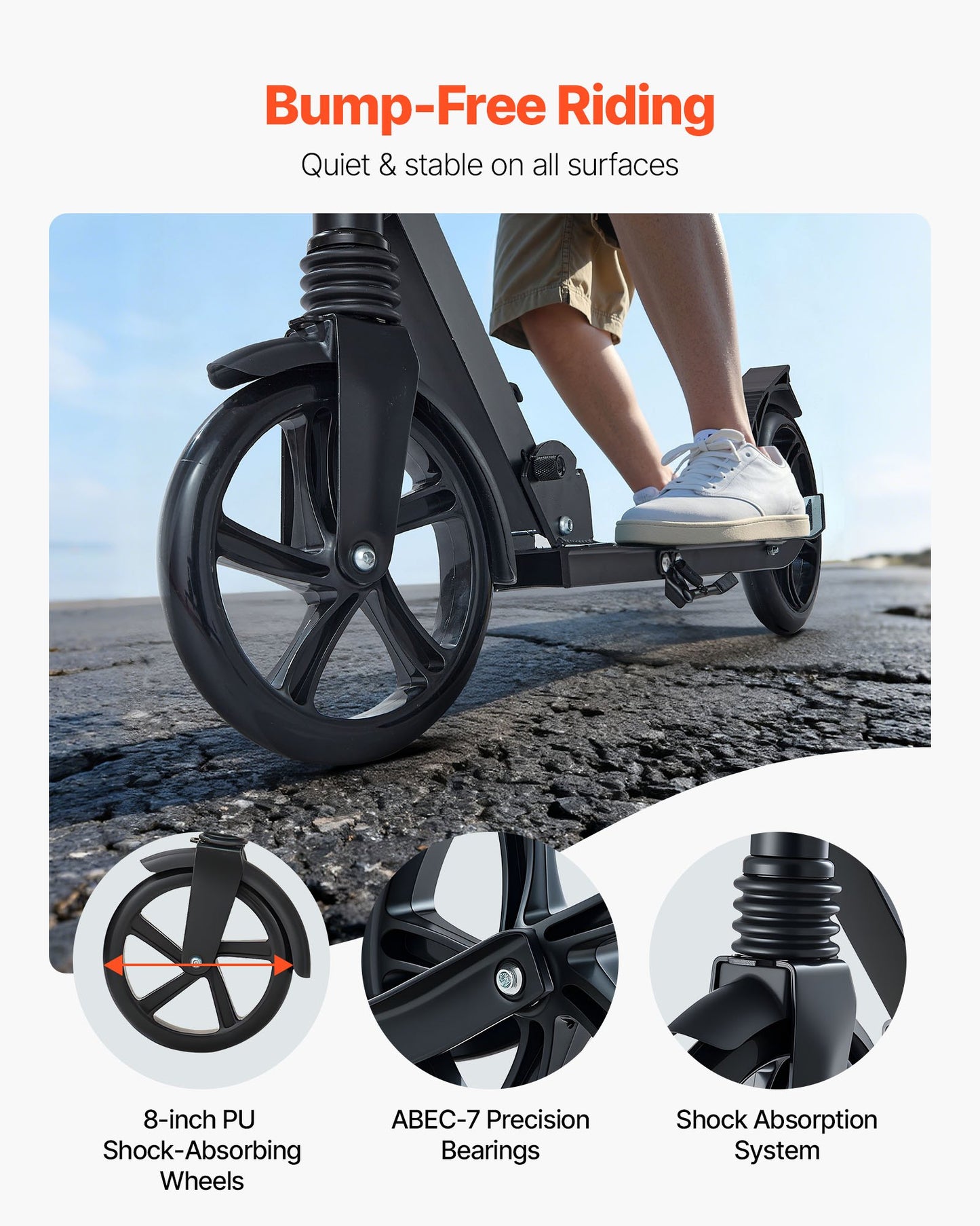 Kick Scooter for Kids Ages 8+, Teens & Adults, 2-Wheel Toddler Scooter with Adjustable Height Handlebar, Wide Anti-Slip Deck, Foldable Lightweight Frame for Boys & Girls up to 220 lbs, Black