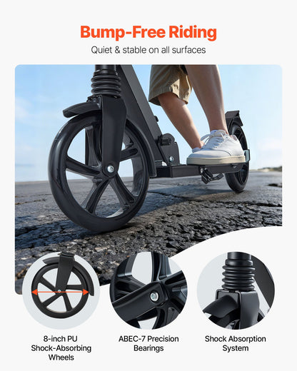 Kick Scooter for Kids Ages 8+, Teens & Adults, 2-Wheel Toddler Scooter with Adjustable Height Handlebar, Wide Anti-Slip Deck, Foldable Lightweight Frame for Boys & Girls up to 220 lbs, Black
