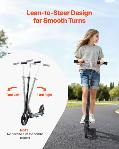 Kick Scooter for Kids Ages 8+, Teens & Adults, 2-Wheel Toddler Scooter with Adjustable Height Handlebar, Wide Anti-Slip Deck, Foldable Lightweight Frame for Boys & Girls up to 220 lbs, Black