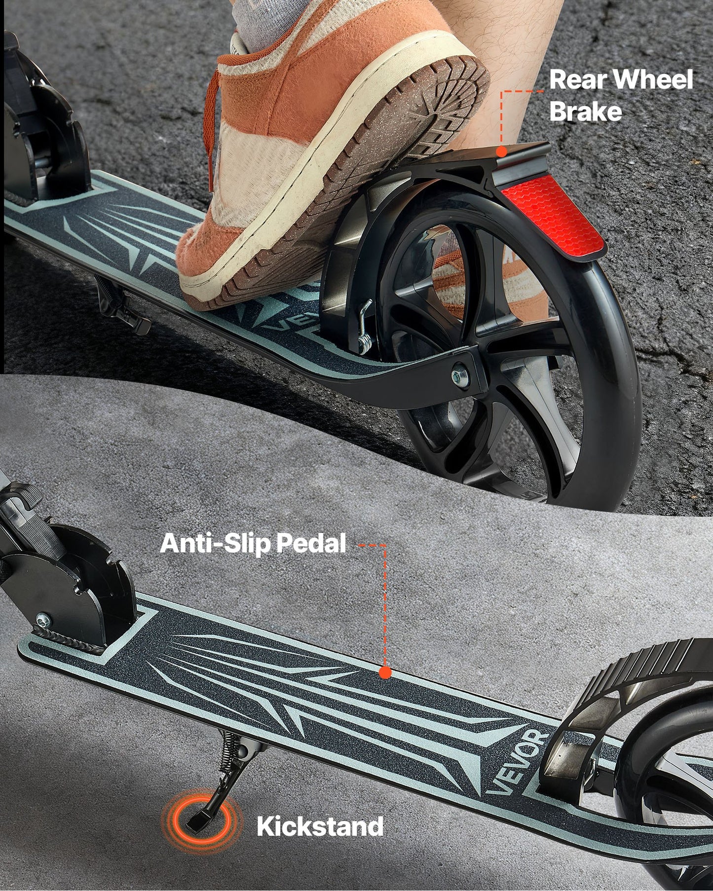 Kick Scooter for Kids Ages 8+, Teens & Adults, 2-Wheel Toddler Scooter with Adjustable Height Handlebar, Wide Anti-Slip Deck, Foldable Lightweight Frame for Boys & Girls up to 220 lbs, Black