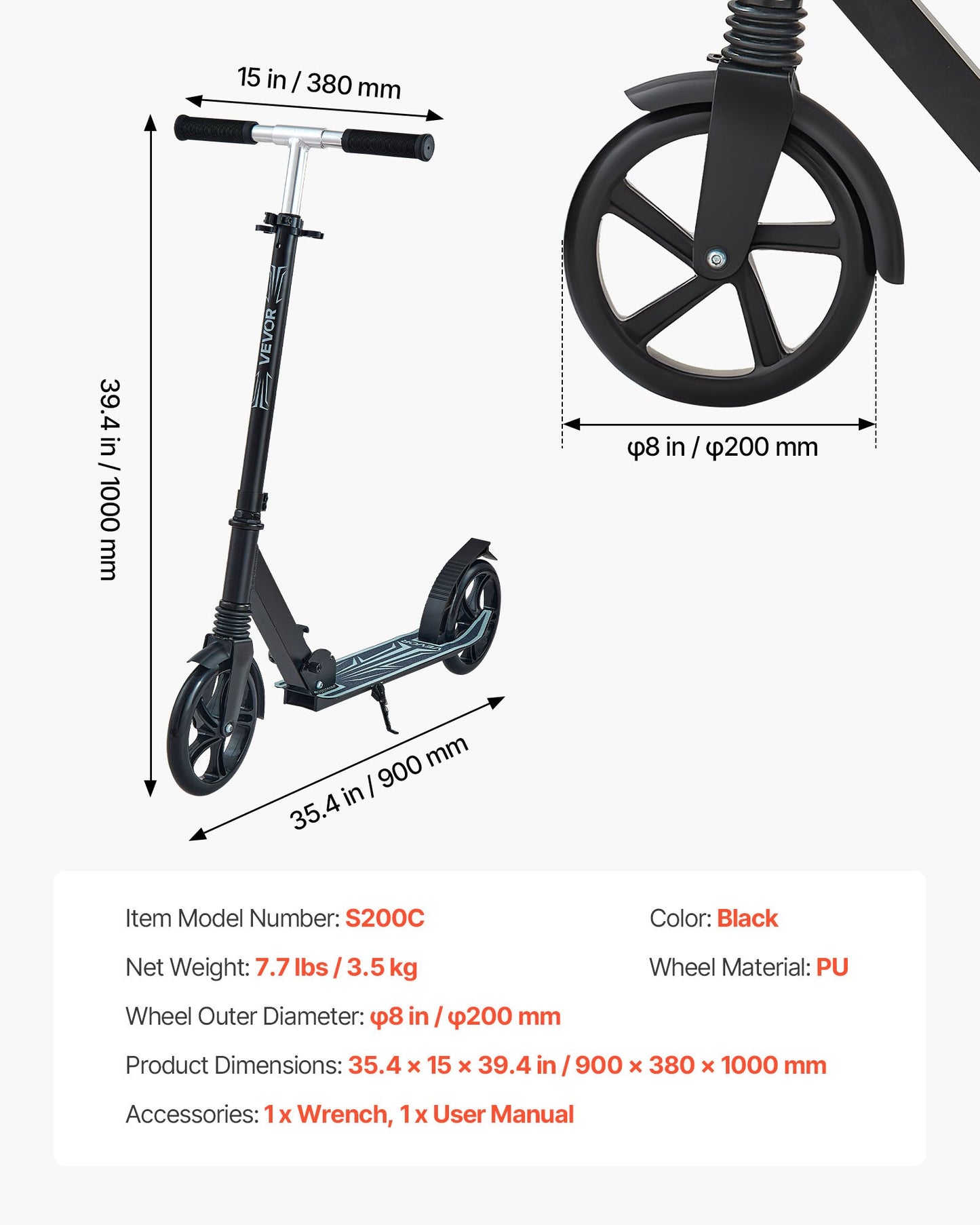 Kick Scooter for Kids Ages 8+, Teens & Adults, 2-Wheel Toddler Scooter with Adjustable Height Handlebar, Wide Anti-Slip Deck, Foldable Lightweight Frame for Boys & Girls up to 220 lbs, Black
